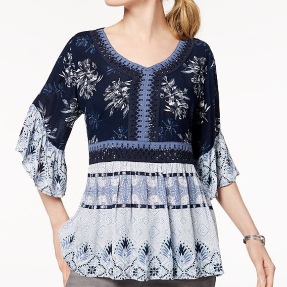 STYLE & CO Top Peasant Floral Crochet Bohemian V-Neck Blue Medium - Picture 1 of 4